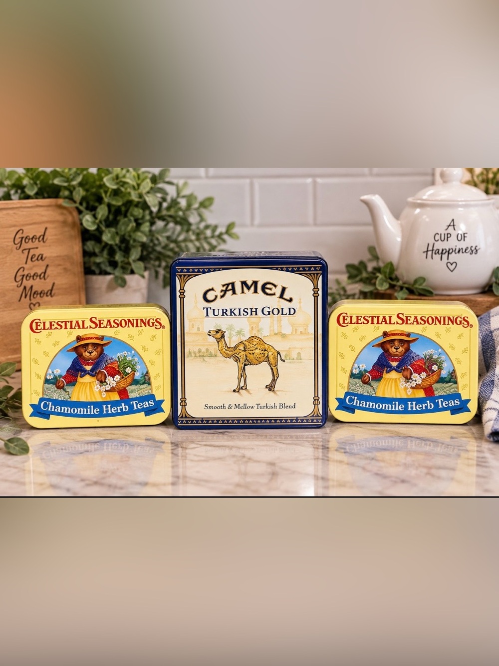 Vintage Celestial Seasonings & Camel Turkish Collectible Tea Tins Set